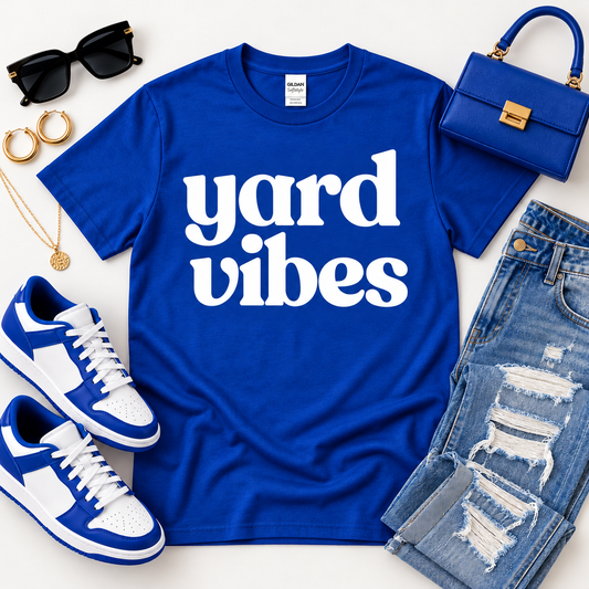 Royal blue Yard Vibes graphic T-shirt flat lay